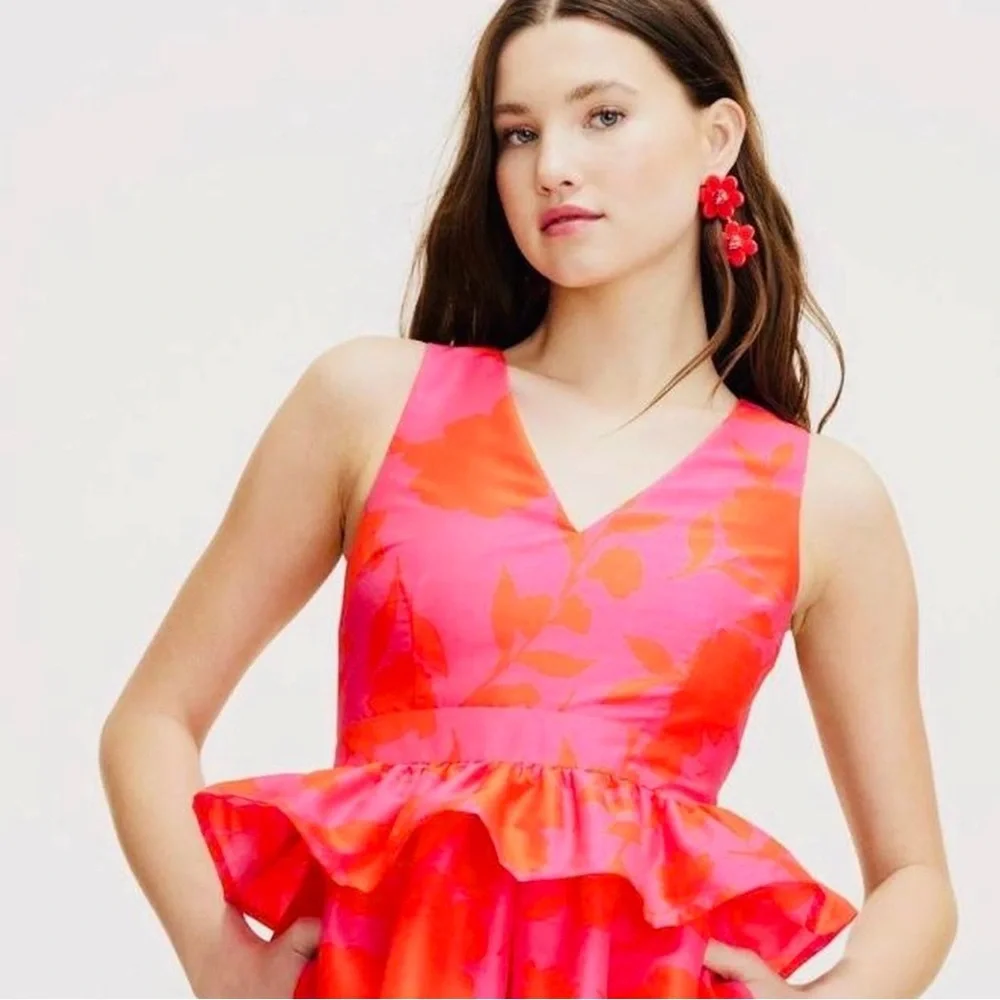 Size 12 Kate Spade Bold Pink & Red Floral Midi Peplum Dress Garden Party Brunch
